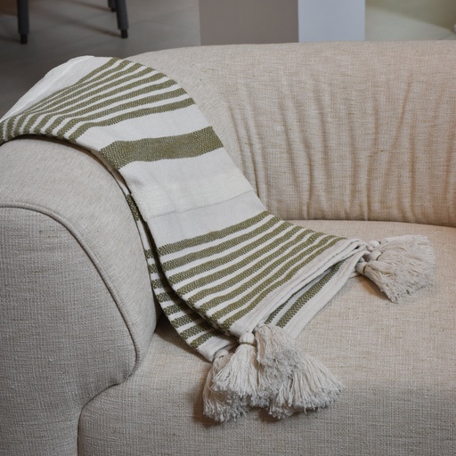 Throw Blanco y Líneas Verdes con Borlas